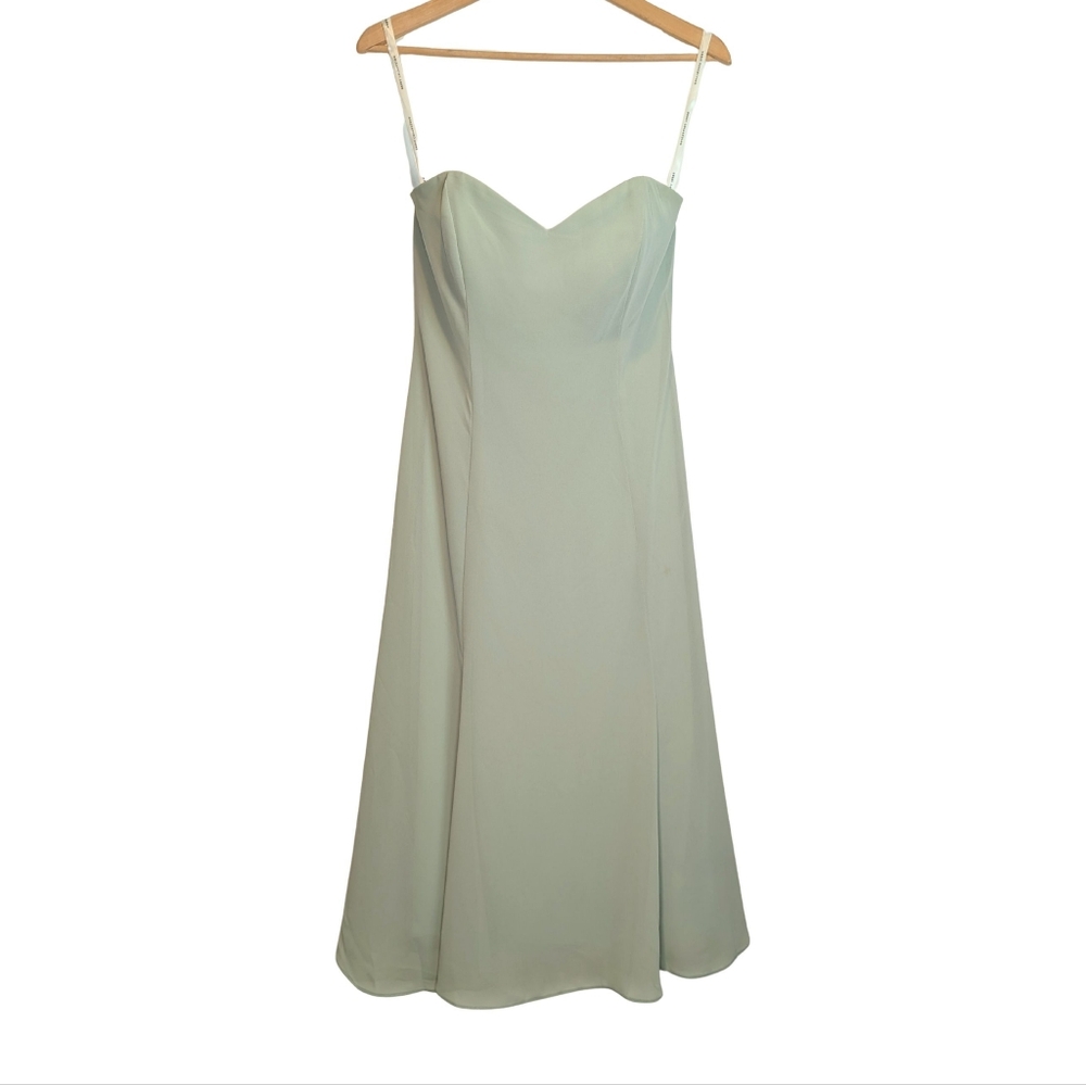 Dessy Sage green bridesmaid dress Midi Sz 4 Chiffon strapless sweetheart A line